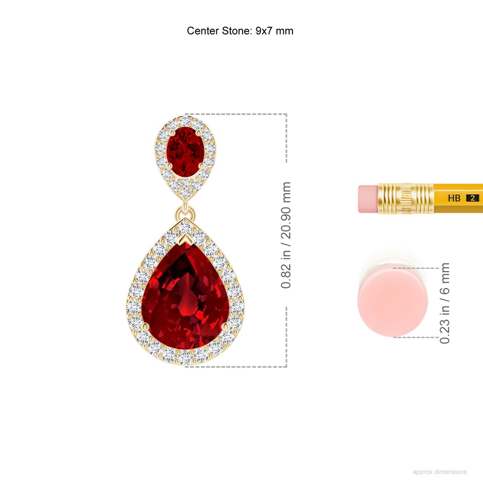 9x7mm Labgrown Oval and Pear Lab-Grown Ruby Halo Drop Earrings in Yellow Gold ruler