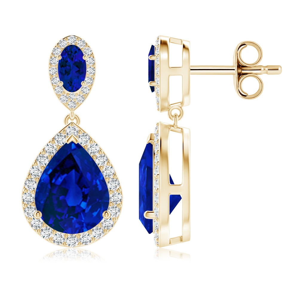 10x8mm Labgrown Oval and Pear Lab-Grown Blue Sapphire Halo Drop Earrings in Yellow Gold