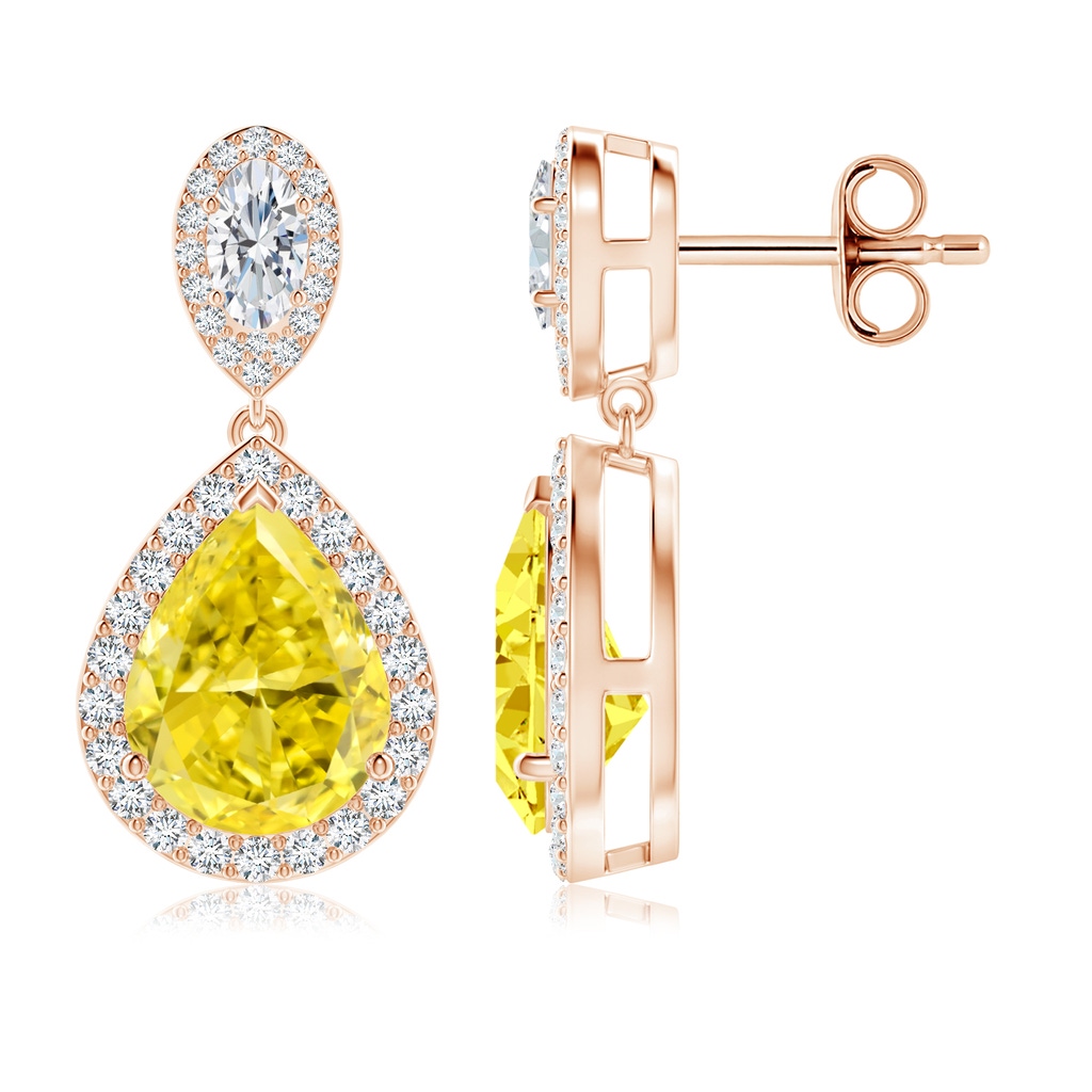 10x6.5mm Labgrown Oval & Pear Lab-Grown Fancy Intense Yellow Diamond Drop Earrings with Halo in Rose Gold