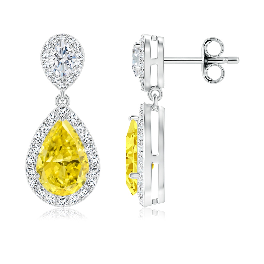 9x5.5mm Labgrown Oval & Pear Lab-Grown Fancy Intense Yellow Diamond Drop Earrings with Halo in White Gold