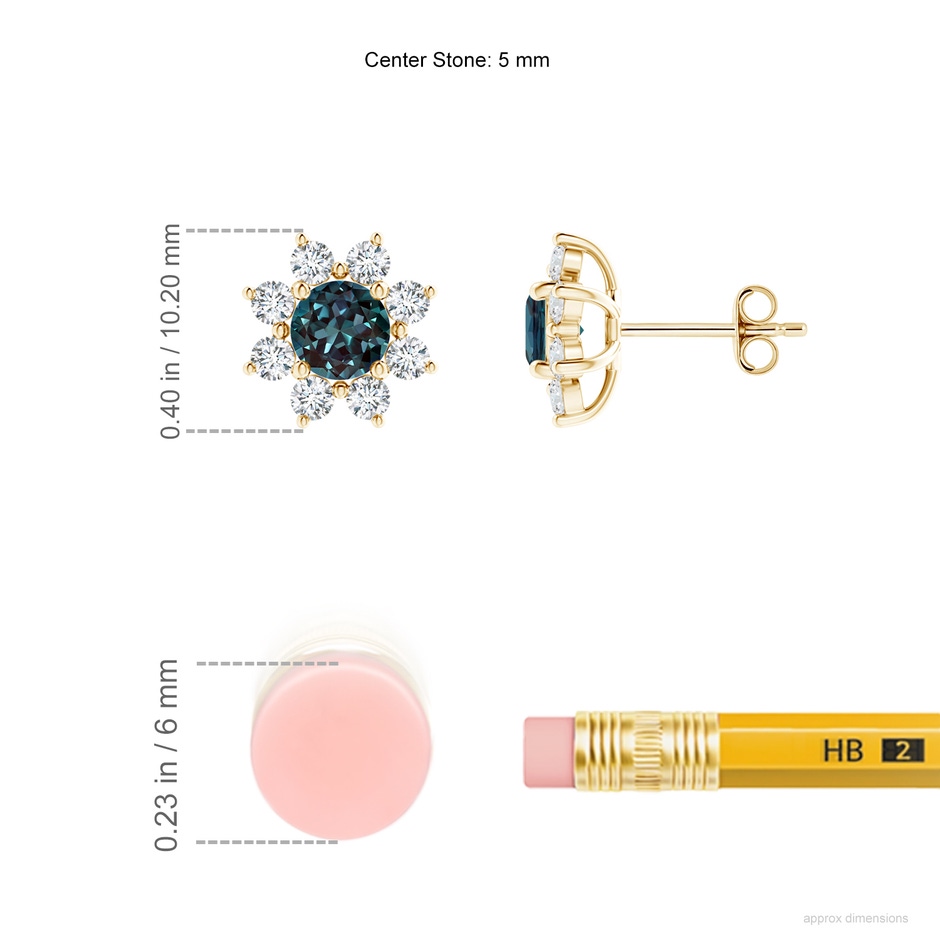 5mm Labgrown Round Lab-Grown Alexandrite and Diamond Flower Stud Earrings in Yellow Gold ruler