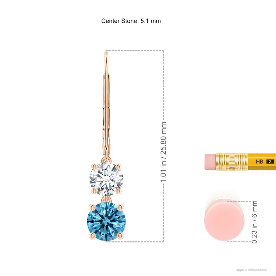 5.1mm Labgrown Lab-Grown Fancy Intense Blue and White Diamond Leverback Dangle Earrings in 18K Rose Gold ruler