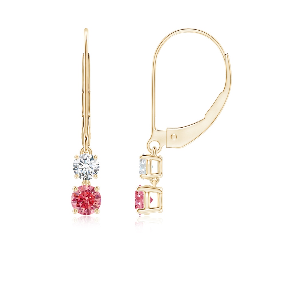 3.5mm Labgrown Lab-Grown Fancy Intense Pink and White Diamond Leverback Dangle Earrings in Yellow Gold