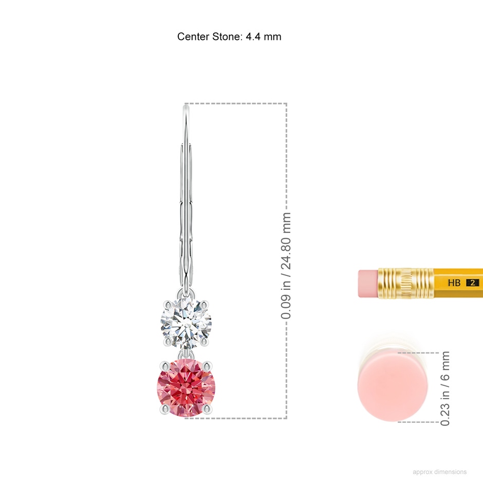 4.4mm Labgrown Lab-Grown Fancy Intense Pink and White Diamond Leverback Dangle Earrings in White Gold ruler