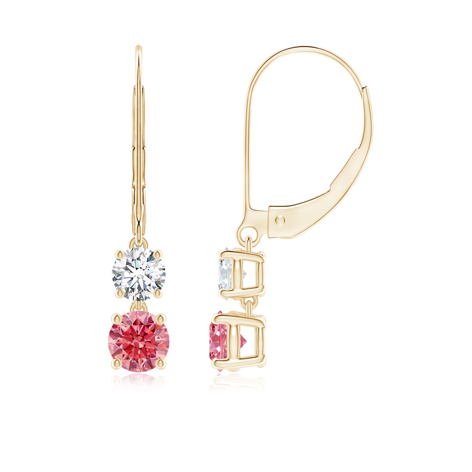 4.4mm Labgrown Lab-Grown Fancy Intense Pink and White Diamond Leverback Dangle Earrings in Yellow Gold 