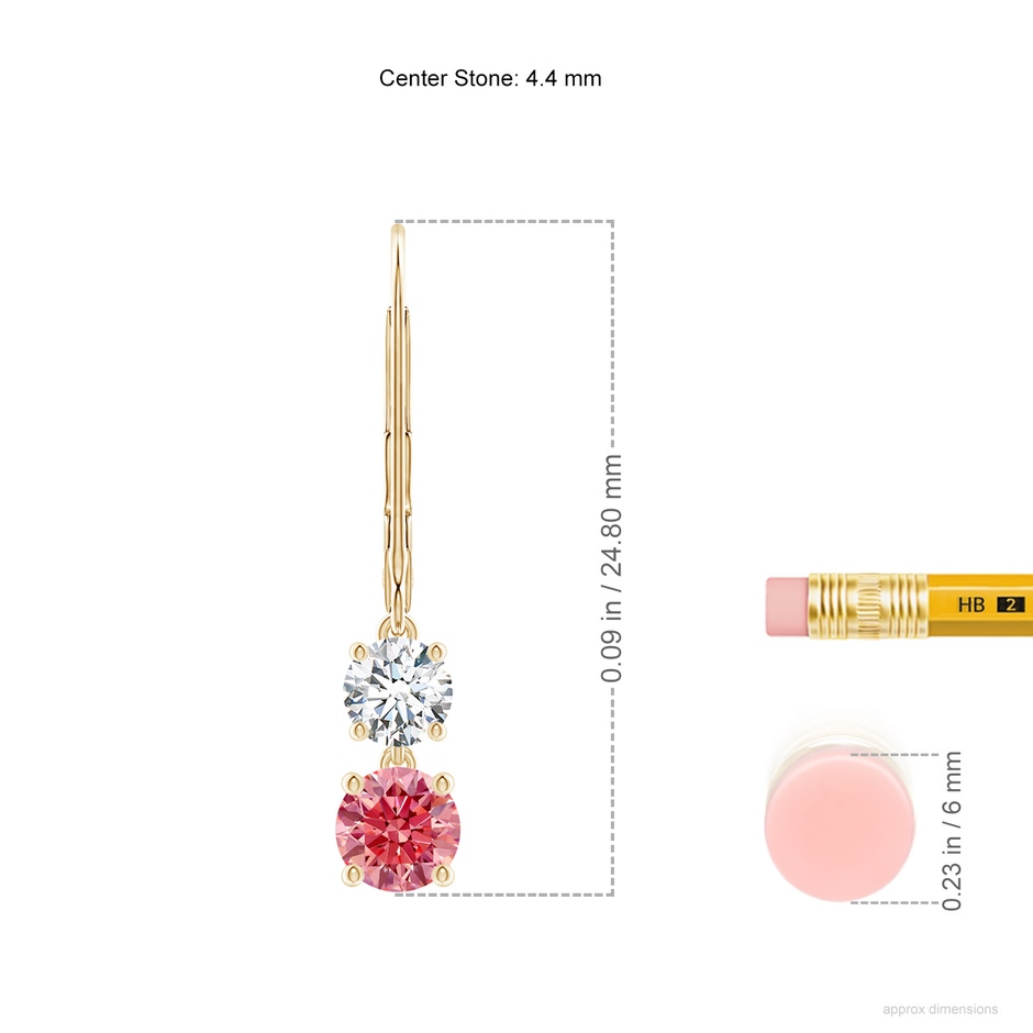 4.4mm Labgrown Lab-Grown Fancy Intense Pink and White Diamond Leverback Dangle Earrings in Yellow Gold ruler