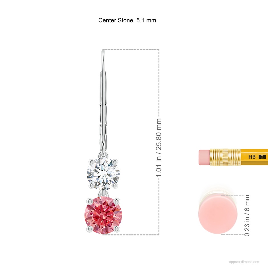 5.1mm Labgrown Lab-Grown Fancy Intense Pink and White Diamond Leverback Dangle Earrings in White Gold ruler
