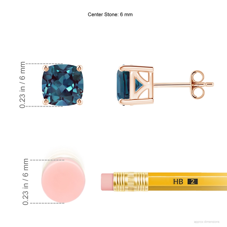 6mm Labgrown Cushion Lab-Grown Alexandrite Solitaire Stud Earrings in Rose Gold ruler