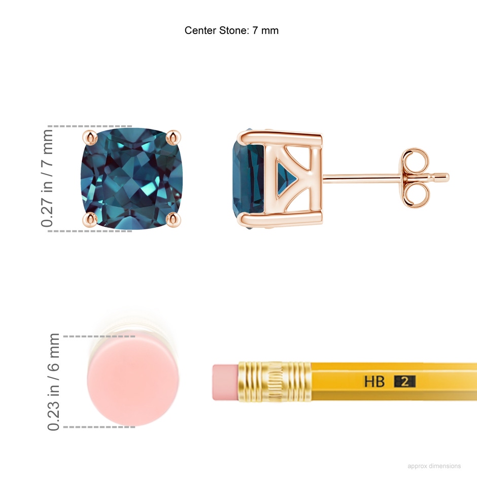 7mm Labgrown Cushion Lab-Grown Alexandrite Solitaire Stud Earrings in 18K Rose Gold ruler