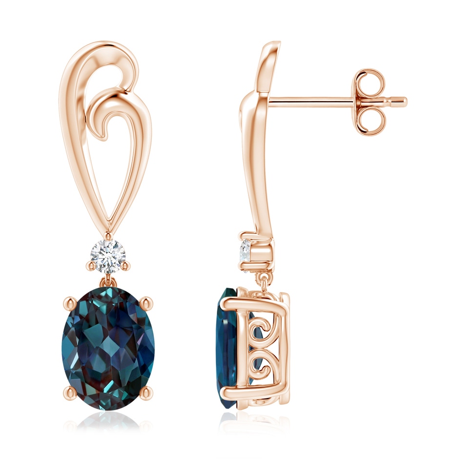 8x6mm Labgrown Solitaire Oval Lab-Grown Alexandrite Swirl Drop Earrings with Diamond in 18K Rose Gold 