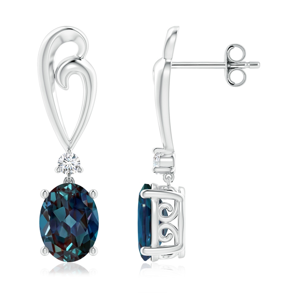 8x6mm Labgrown Solitaire Oval Lab-Grown Alexandrite Swirl Drop Earrings with Diamond in 18K White Gold 