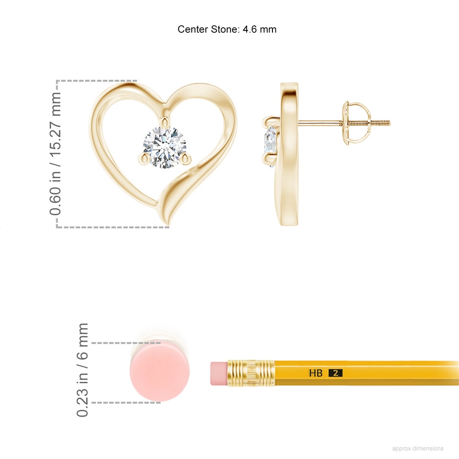 4.6mm FGVS Lab-Grown Prong-Set Round Diamond Open Heart Stud Earrings in Yellow Gold ruler