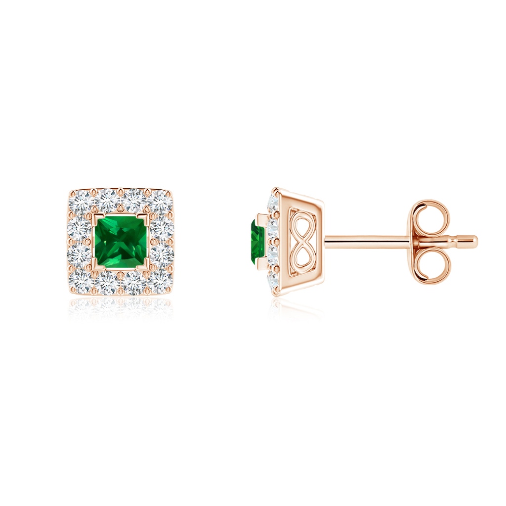 5mm Labgrown V-Prong Set Princess-Cut Lab-Grown Emerald Halo Stud Earrings in Rose Gold