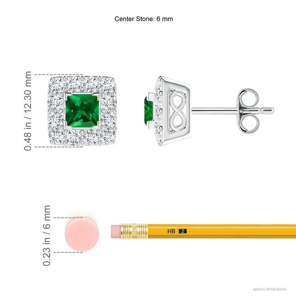 6mm Labgrown V-Prong Set Princess-Cut Lab-Grown Emerald Halo Stud Earrings in White Gold ruler