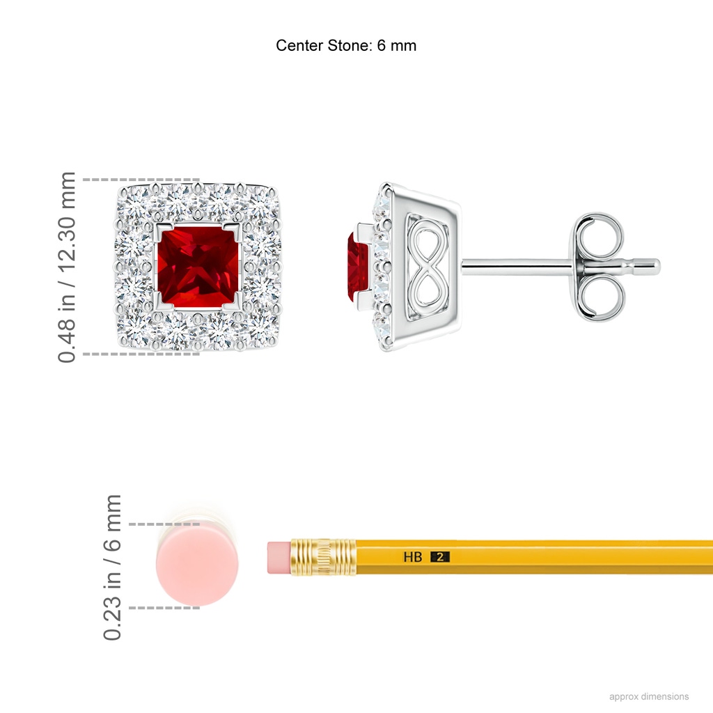 6mm Labgrown V-Prong Set Princess-Cut Lab-Grown Ruby Halo Stud Earrings in White Gold ruler