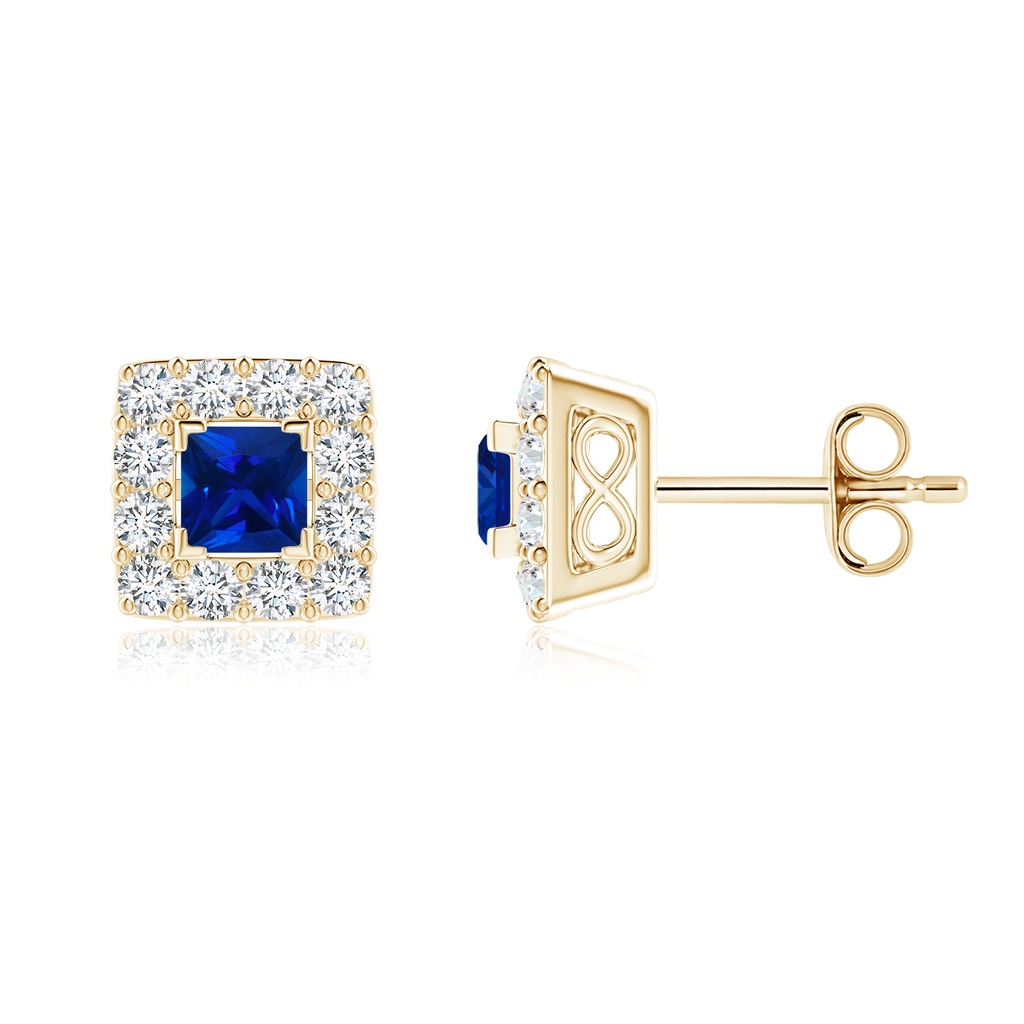 6mm Labgrown V-Prong Set Princess-Cut Lab-Grown Blue Sapphire Halo Stud Earrings in Yellow Gold