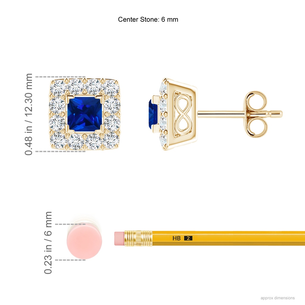 6mm Labgrown V-Prong Set Princess-Cut Lab-Grown Blue Sapphire Halo Stud Earrings in Yellow Gold ruler