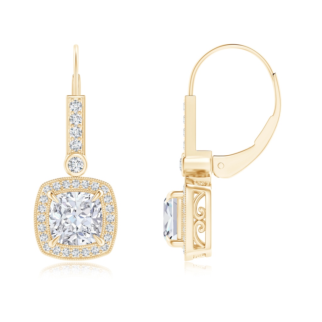 6mm FGVS Vintage-Inspired Cushion Lab-Grown Diamond Leverback Earrings in Yellow Gold