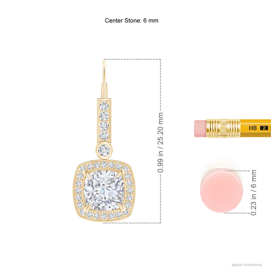 6mm FGVS Vintage-Inspired Cushion Lab-Grown Diamond Leverback Earrings in Yellow Gold ruler