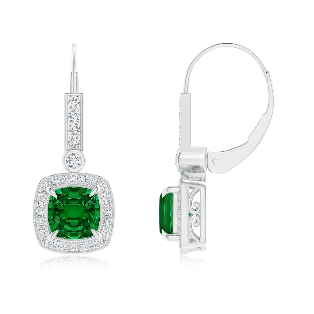 6mm Labgrown Vintage-Inspired Cushion Lab-Grown Emerald Leverback Earrings in White Gold