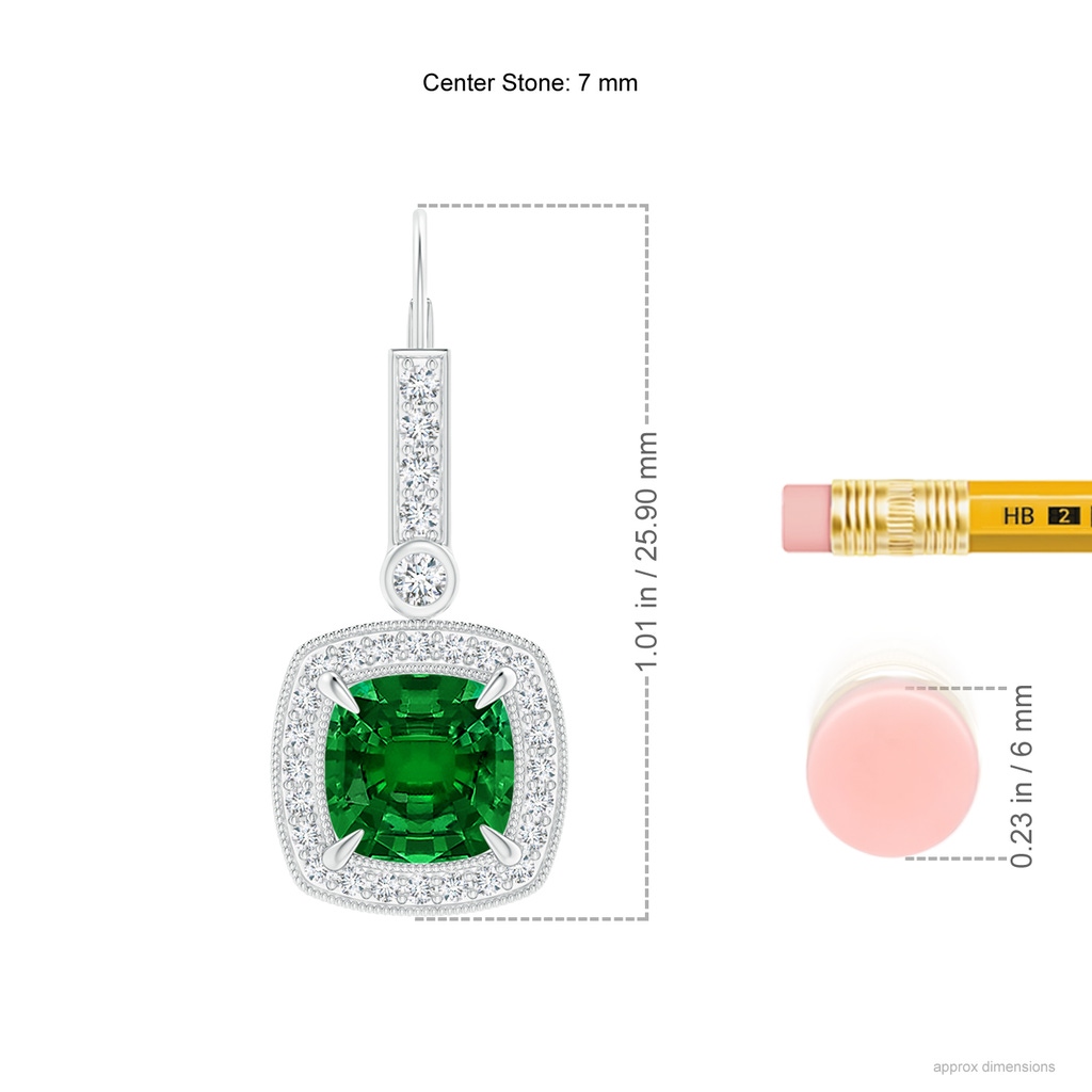 7mm Labgrown Vintage-Inspired Cushion Lab-Grown Emerald Leverback Earrings in White Gold ruler