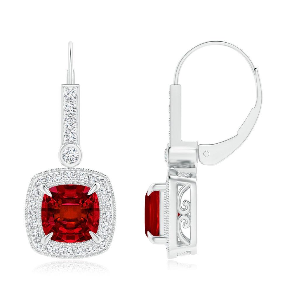 7mm Labgrown Vintage-Inspired Cushion Lab-Grown Ruby Leverback Earrings in White Gold