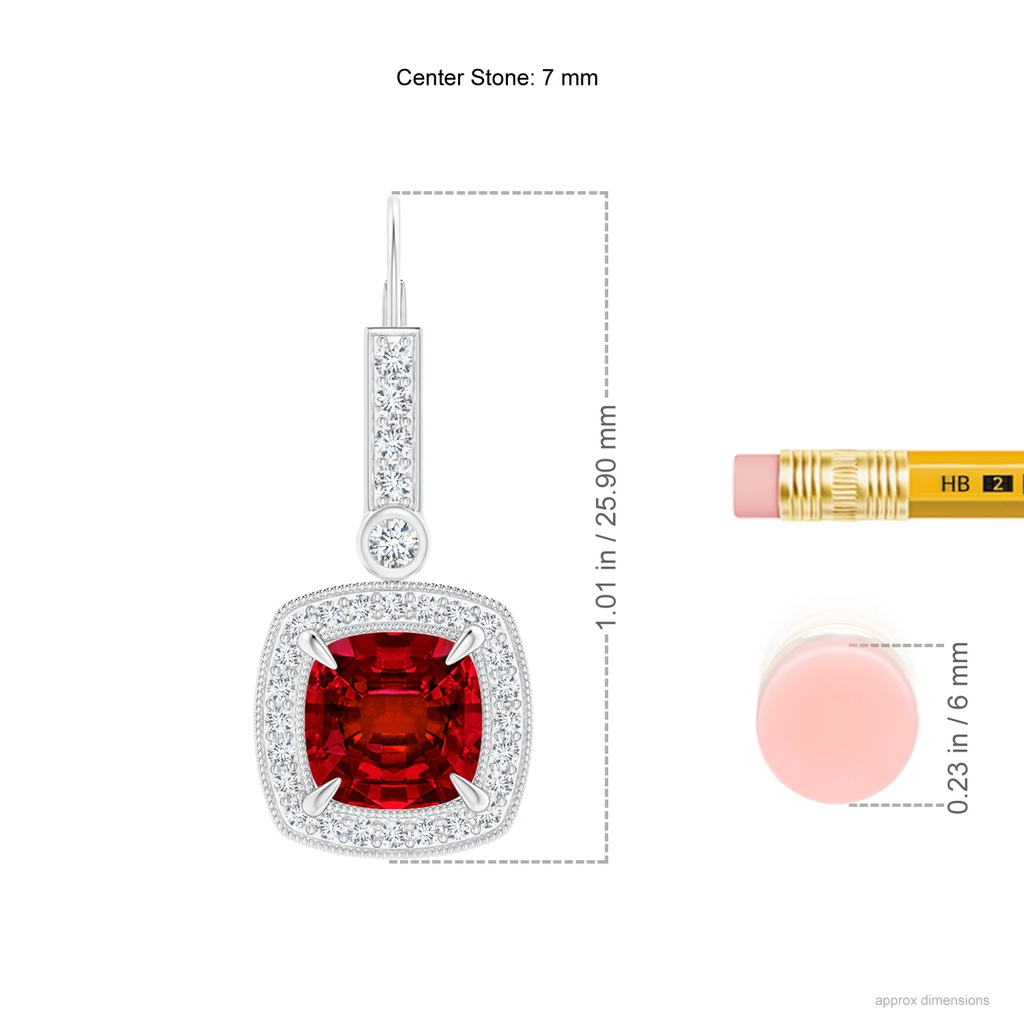 7mm Labgrown Vintage-Inspired Cushion Lab-Grown Ruby Leverback Earrings in White Gold ruler