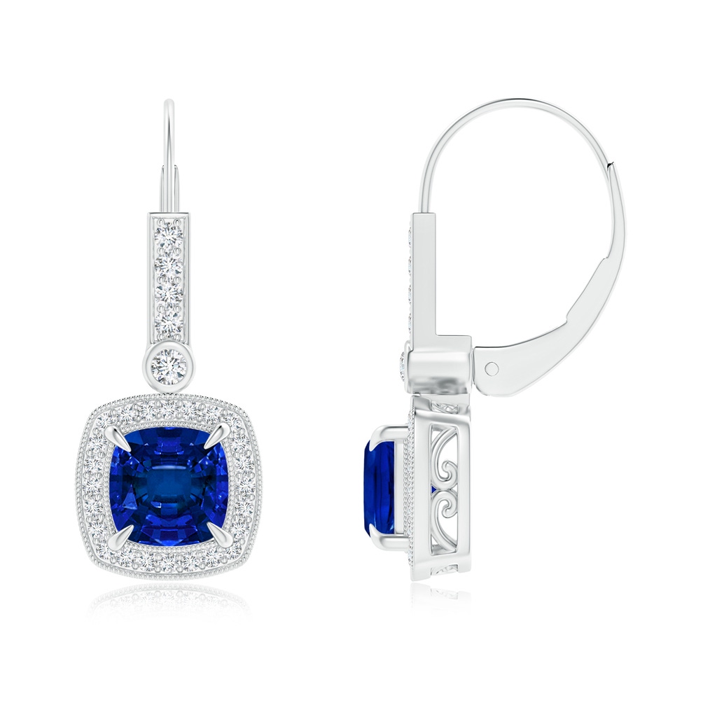 6mm Labgrown Vintage-Inspired Cushion Lab-Grown Blue Sapphire Leverback Earrings in White Gold