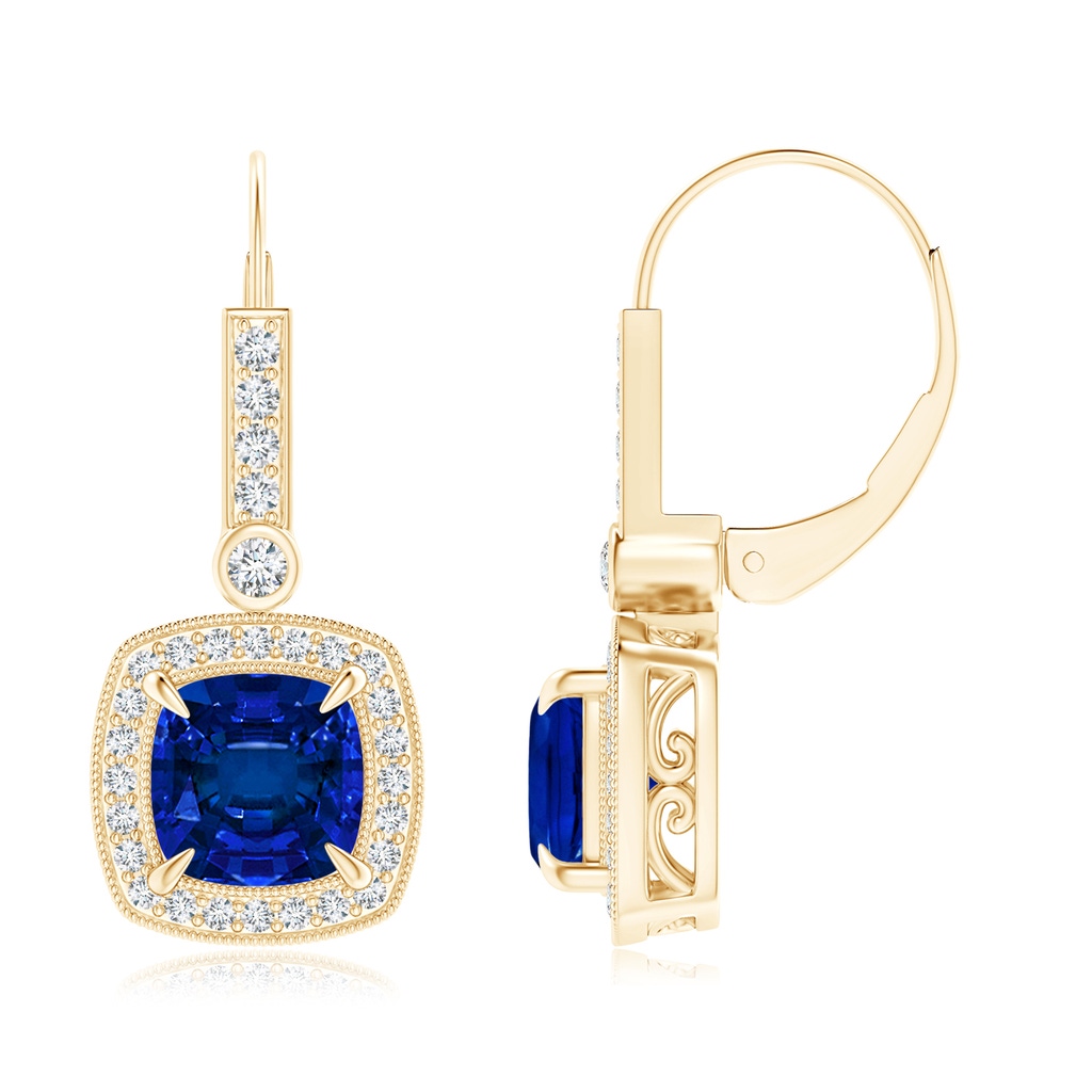 7mm Labgrown Vintage-Inspired Cushion Lab-Grown Blue Sapphire Leverback Earrings in Yellow Gold