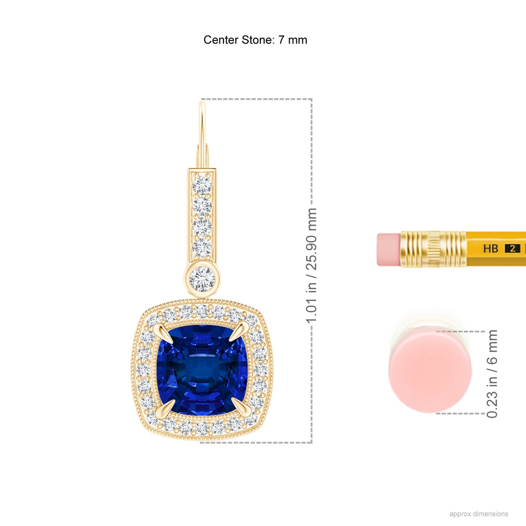 7mm Labgrown Vintage-Inspired Cushion Lab-Grown Blue Sapphire Leverback Earrings in Yellow Gold ruler