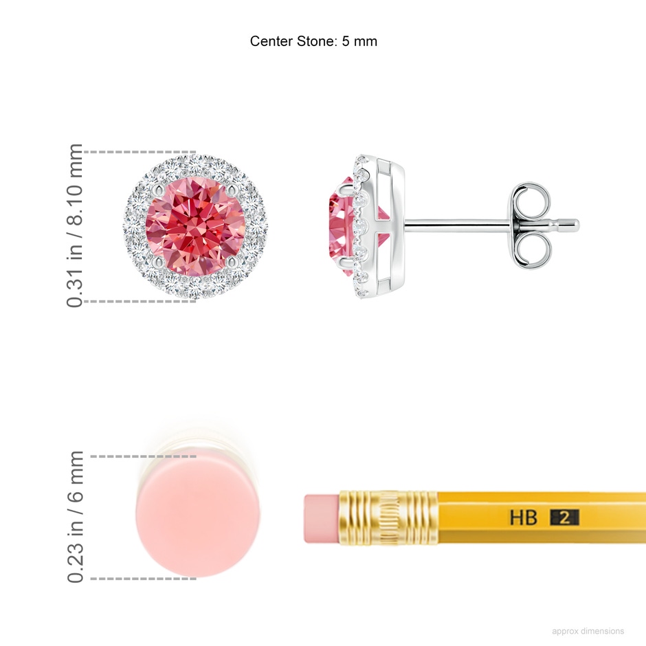 5mm Labgrown Prong-Set Lab-Grown Fancy Intense Pink and White Diamond Halo Stud Earrings in White Gold ruler