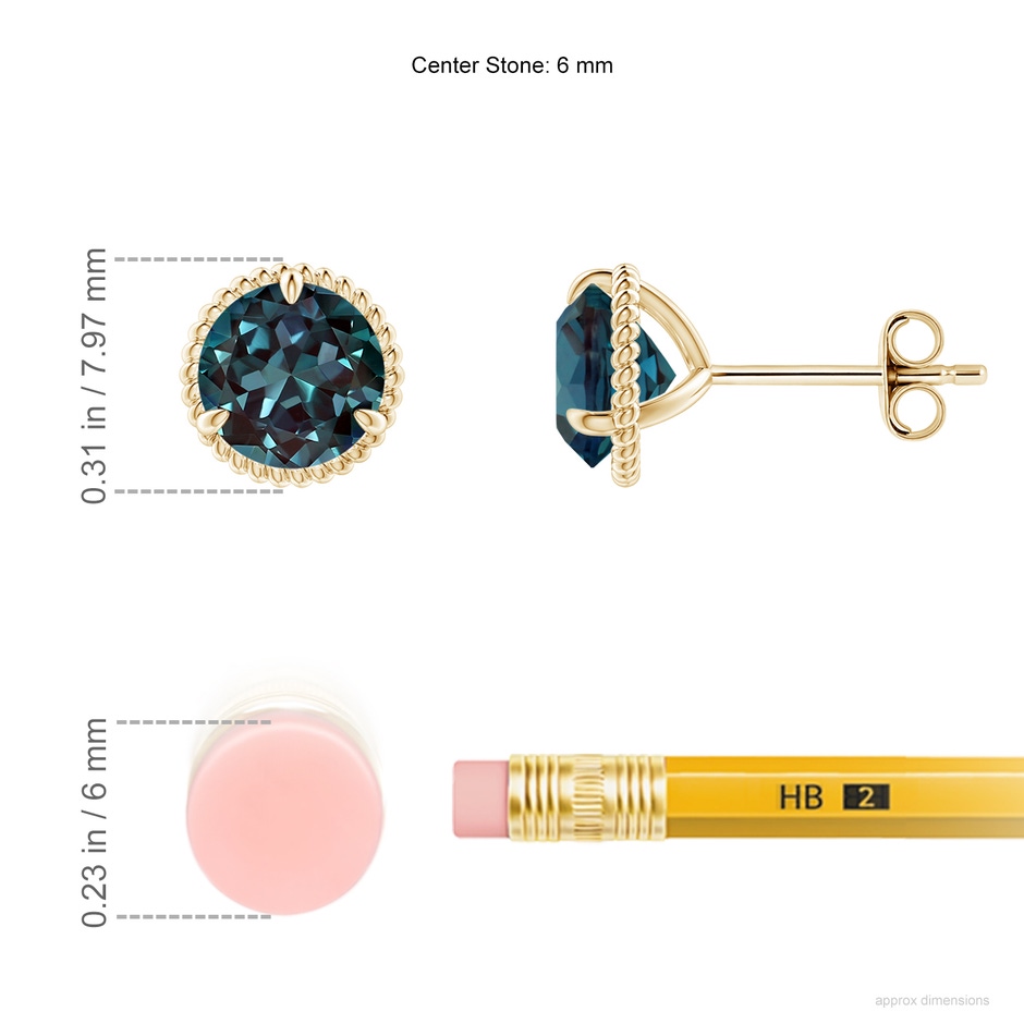 6mm Labgrown Rope Framed Claw-Set Lab-Grown Alexandrite Martini Stud Earrings in Yellow Gold ruler