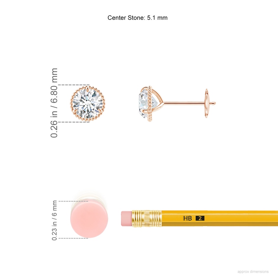 5.1mm FGVS Lab-Grown Rope Framed Claw-Set Diamond Martini Stud Earrings in Rose Gold ruler