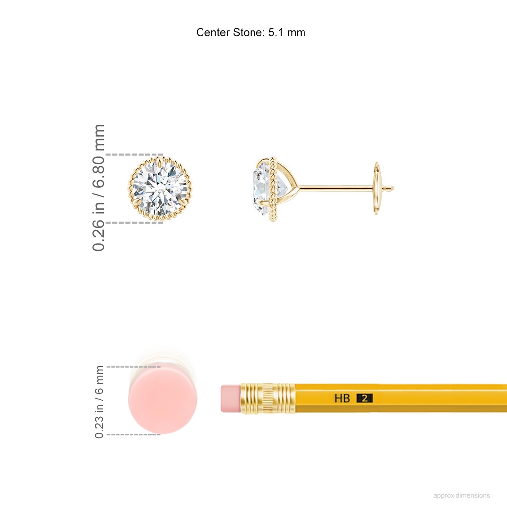 5.1mm FGVS Lab-Grown Rope Framed Claw-Set Diamond Martini Stud Earrings in Yellow Gold ruler