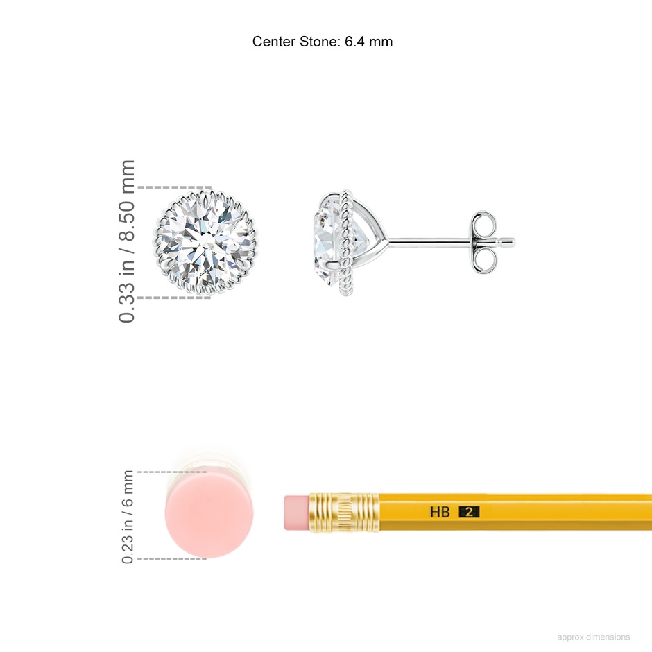 6.4mm FGVS Lab-Grown Rope Framed Claw-Set Diamond Martini Stud Earrings in S999 Silver ruler