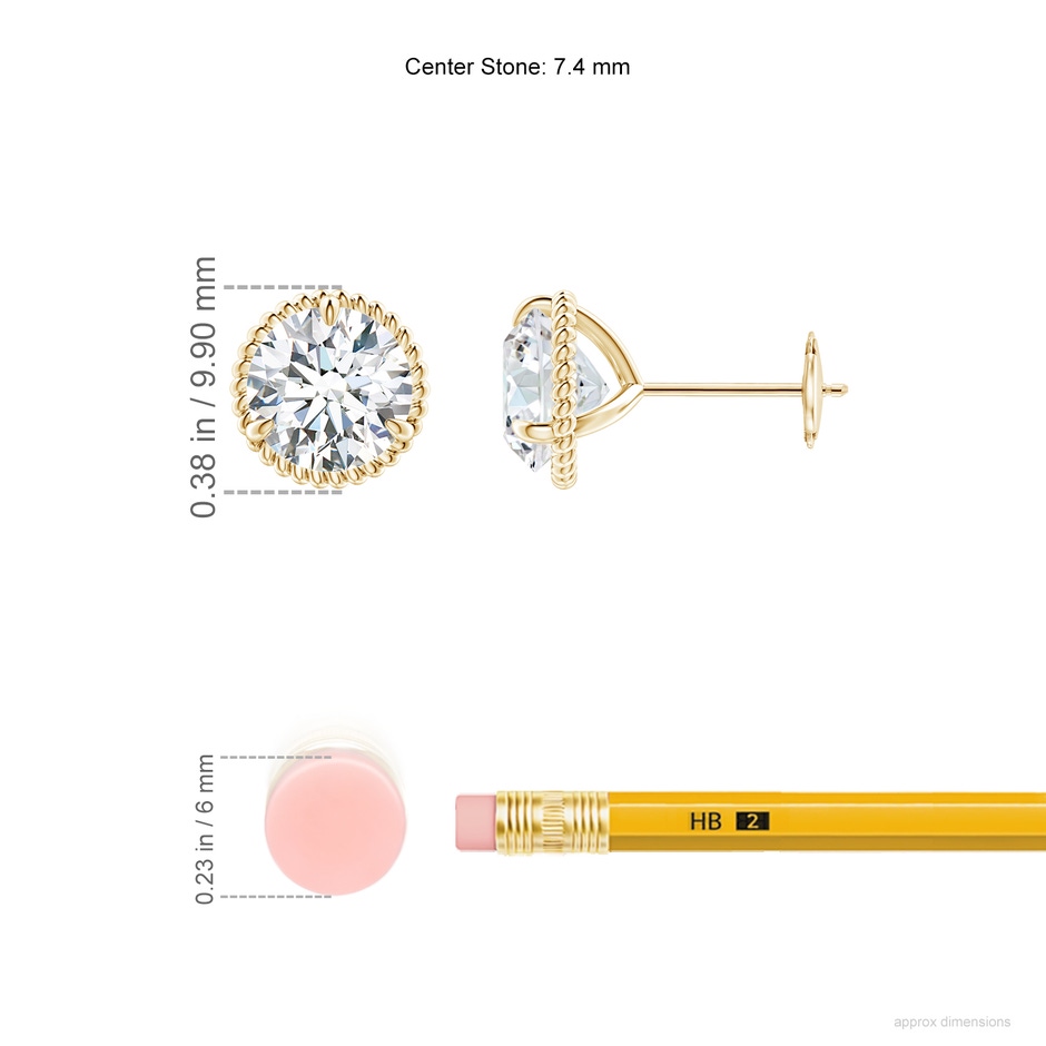 7.4mm FGVS Lab-Grown Rope Framed Claw-Set Diamond Martini Stud Earrings in Yellow Gold ruler