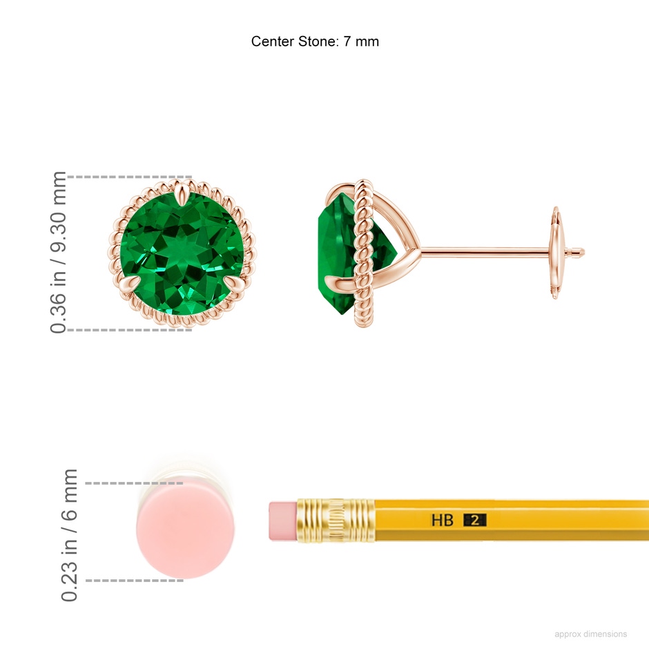 7mm Labgrown Lab-Grown Rope Framed Claw-Set Emerald Martini Stud Earrings in Rose Gold ruler