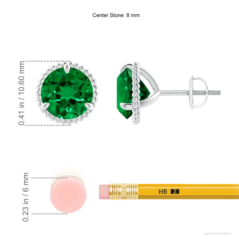 8mm Labgrown Lab-Grown Rope Framed Claw-Set Emerald Martini Stud Earrings in P950 Platinum ruler