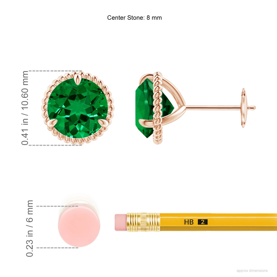 8mm Labgrown Lab-Grown Rope Framed Claw-Set Emerald Martini Stud Earrings in Rose Gold ruler
