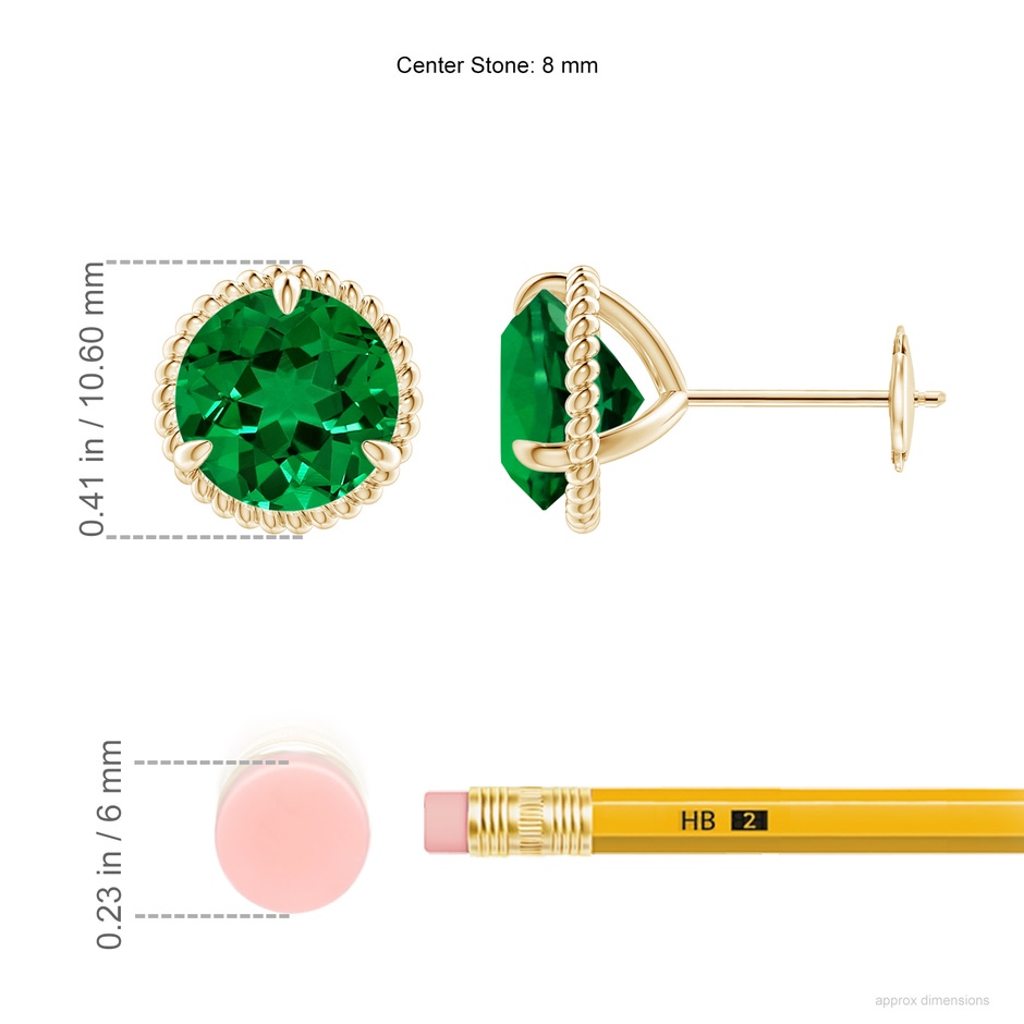 8mm Labgrown Lab-Grown Rope Framed Claw-Set Emerald Martini Stud Earrings in Yellow Gold ruler