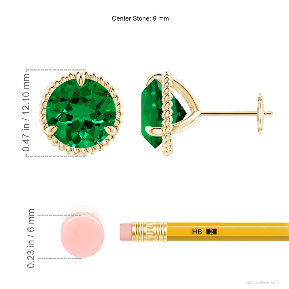 9mm Labgrown Lab-Grown Rope Framed Claw-Set Emerald Martini Stud Earrings in Yellow Gold ruler