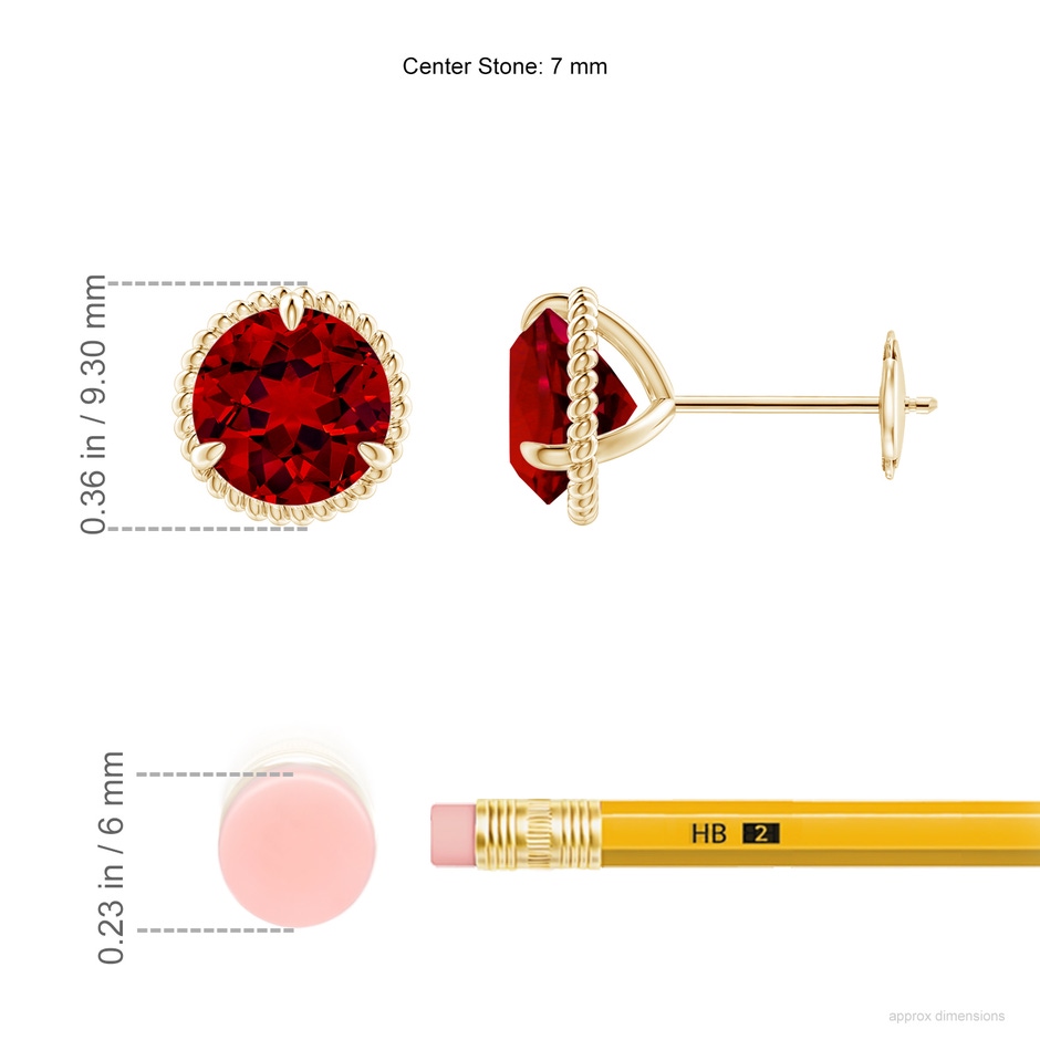 7mm Labgrown Lab-Grown Rope Framed Claw-Set Ruby Martini Stud Earrings in Yellow Gold ruler