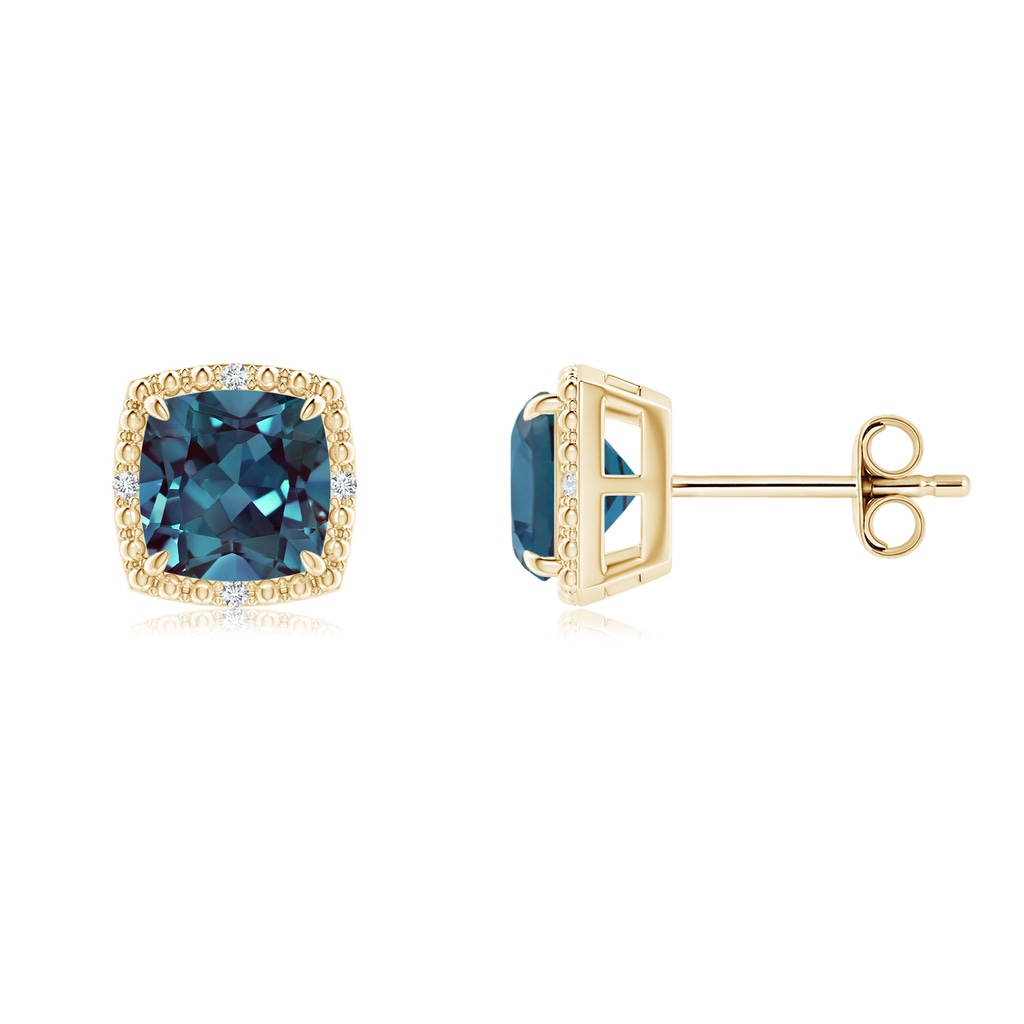 6mm Labgrown Claw-Set Cushion Lab-Grown Alexandrite Beaded Halo Stud Earrings in Yellow Gold