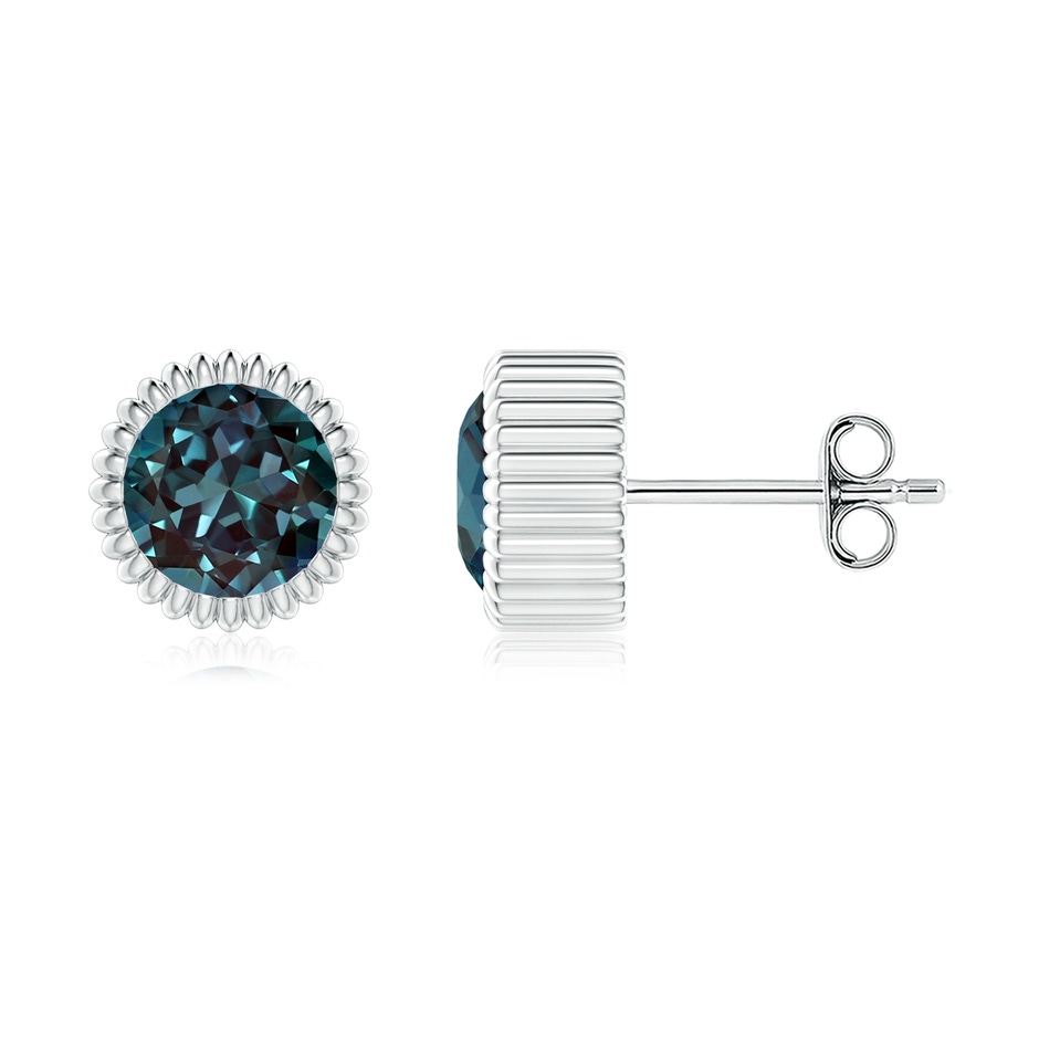 6mm Labgrown Bezel-Set Solitaire Round Lab-Grown Alexandrite Beaded Halo Studs in 18K White Gold 