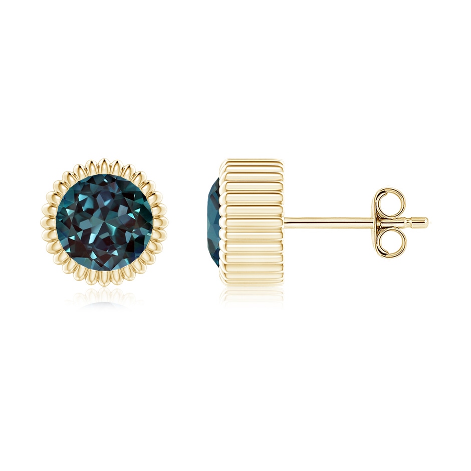 6mm Labgrown Bezel-Set Solitaire Round Lab-Grown Alexandrite Beaded Halo Studs in Yellow Gold 