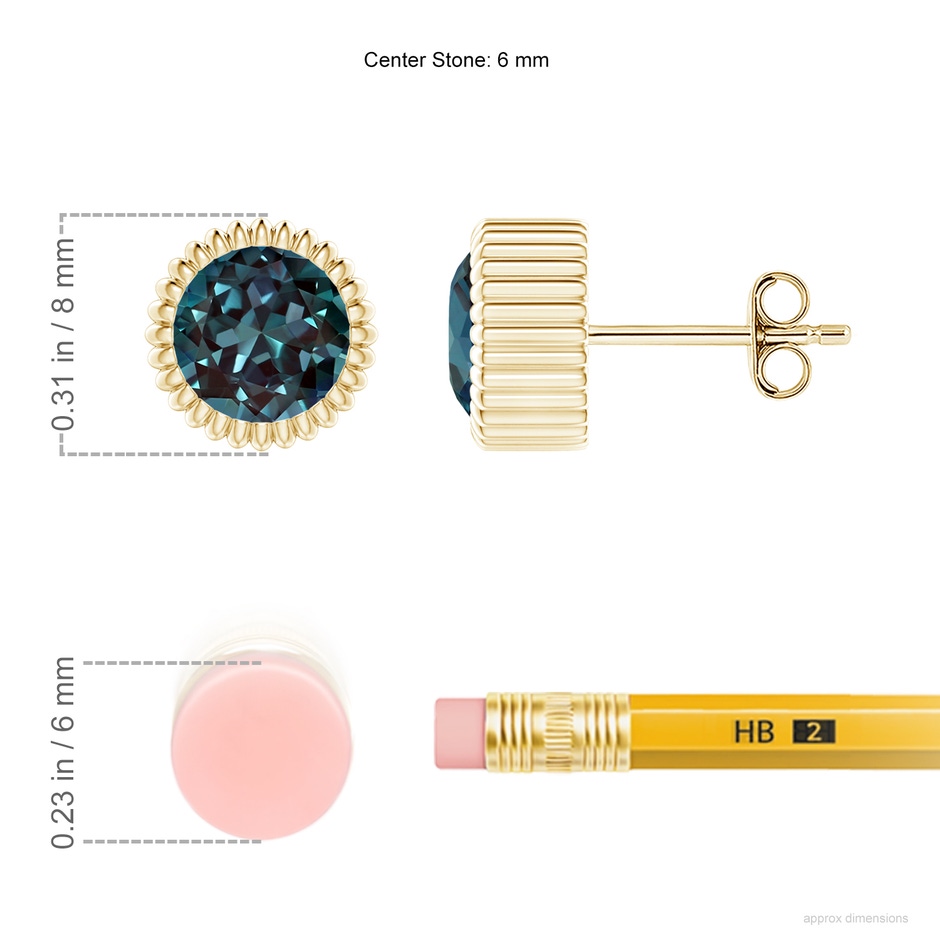 6mm Labgrown Bezel-Set Solitaire Round Lab-Grown Alexandrite Beaded Halo Studs in Yellow Gold ruler