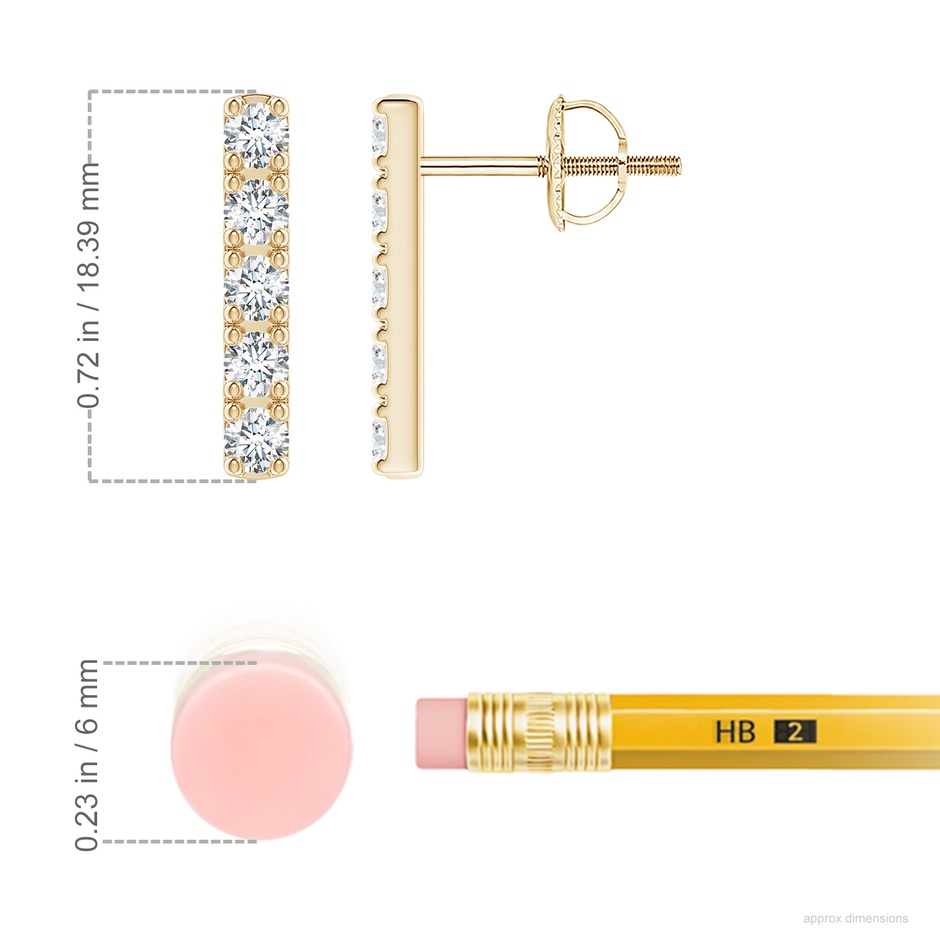 2.6mm FGVS Lab-Grown Prong-Set Diamond Vertical Bar Stud Earrings in Yellow Gold ruler