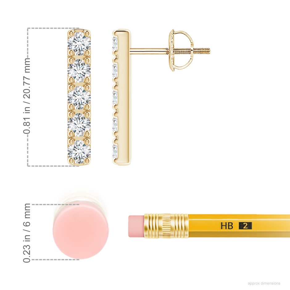 3mm FGVS Lab-Grown Prong-Set Diamond Vertical Bar Stud Earrings in 18K Yellow Gold ruler