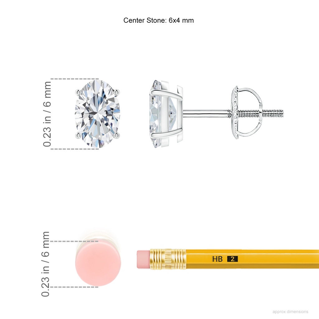 6x4mm FGVS Lab-Grown Oval Diamond Solitaire Stud Earrings in P950 Platinum ruler