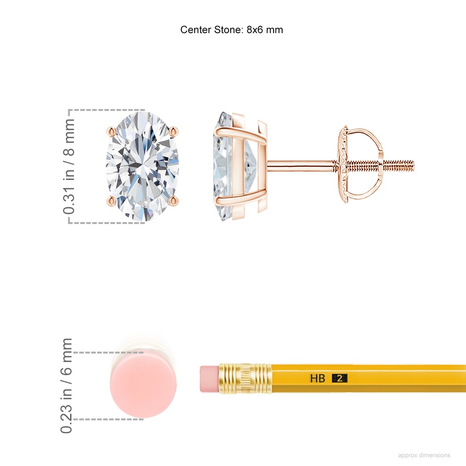 8x6mm FGVS Lab-Grown Oval Diamond Solitaire Stud Earrings in Rose Gold ruler